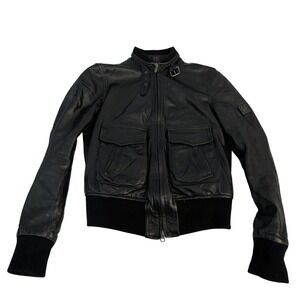 Belstaff Womens Black Leather Bomber Jacket Fleece Lined Moto Size 42 Luxury
